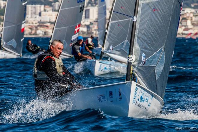 Rob McMillan, here leading the fleet at the 2017 European Championship in Marseille, is launching a new Finn sailing academy in Sydney, Australia ©  Robert Deaves